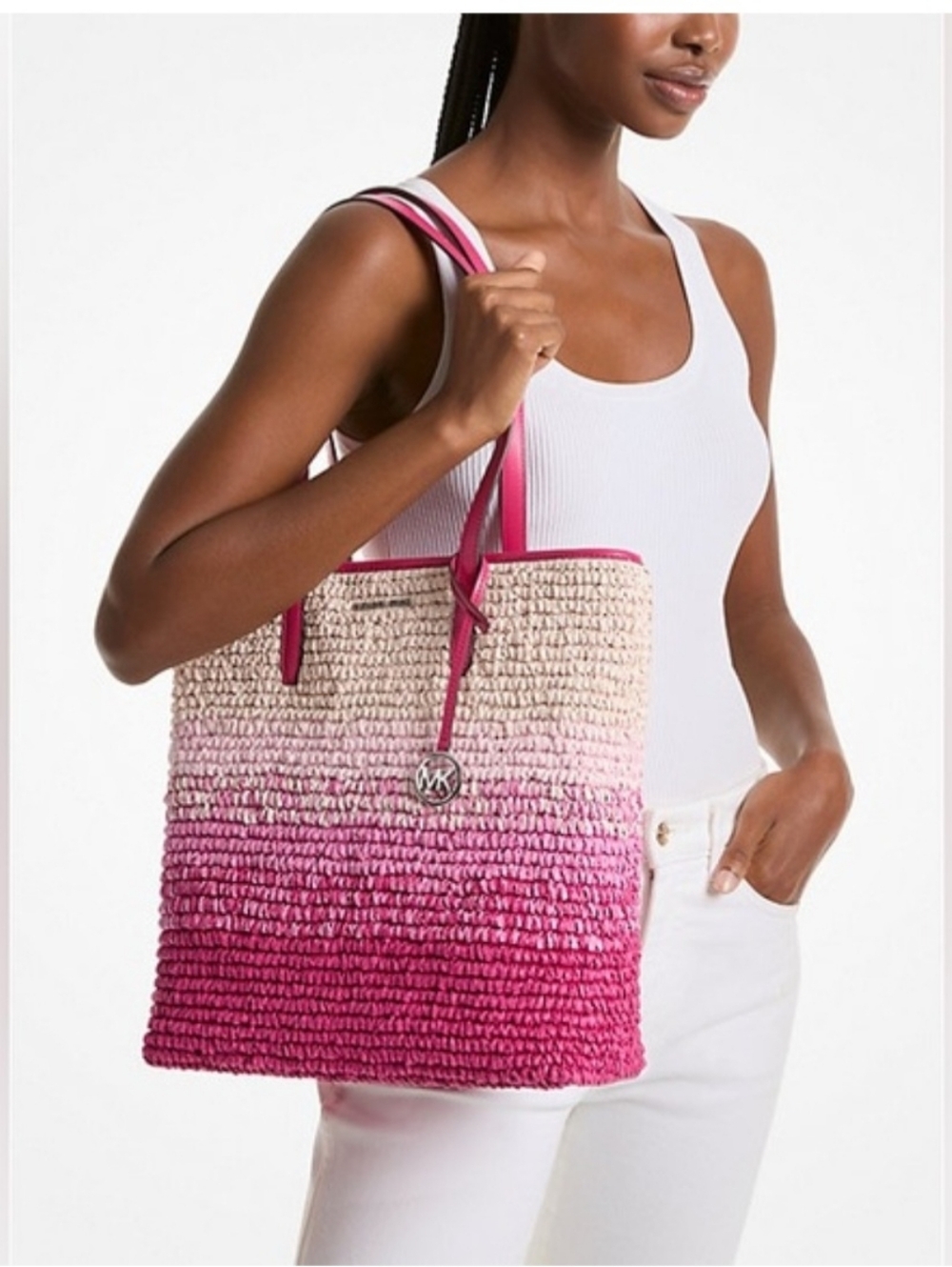 Michael Kors Pink Ombre Raffia Tote with Hot Pink Straps- Dragonfruit